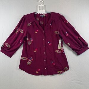 NWT Figueroa & Flower Women's 3/4 Sleeve Button Embroidered Boho Blouse Red XL